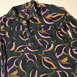 Ann Taylor Petite Leaf Blouse Sz XSP Green Multicolor Lightweight Button Up Top